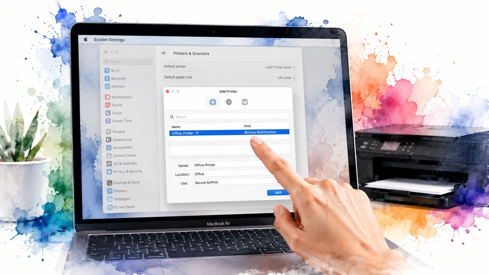 A hand pointing at the printer selection menu on a MacBook laptop screen for network setup.