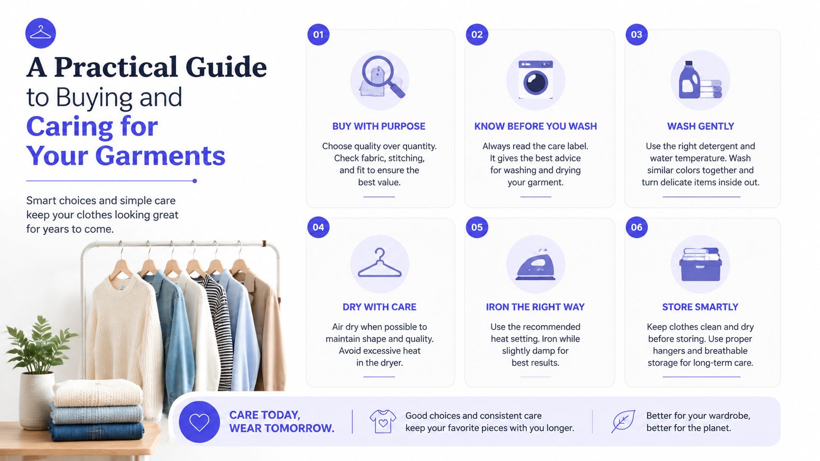 A visual guide titled A Practical Guide to Buying and Caring for Your Garments, featuring six clothing care tips.