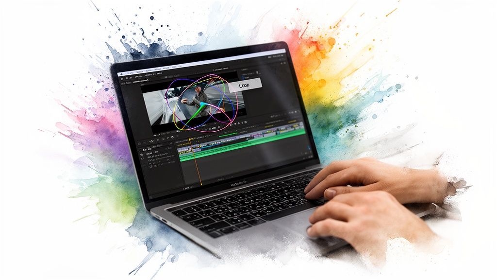 Hands type on a MacBook Pro, editing a video with motion graphics and a creative watercolor background.