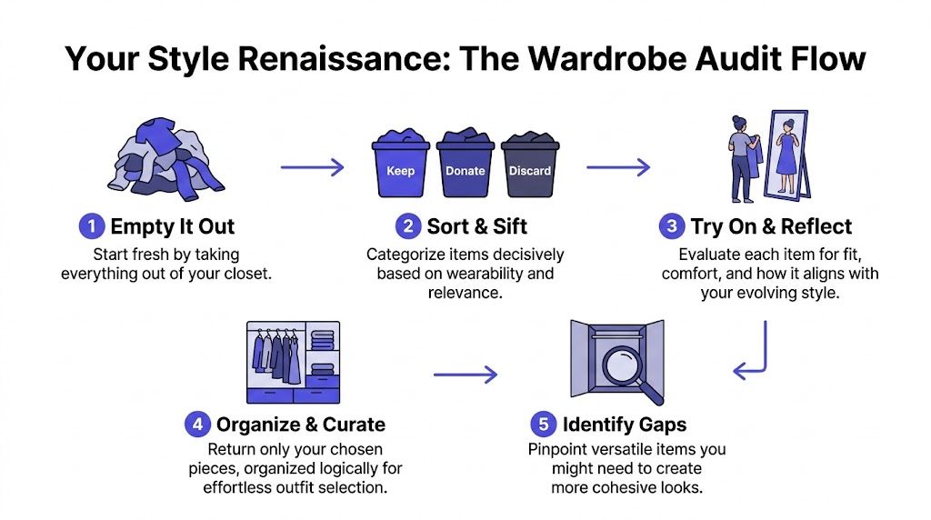 A five-step infographic guide explaining the wardrobe audit process for a organized and curated closet.