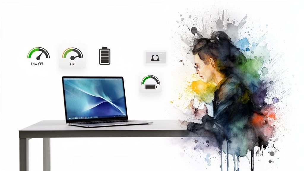 Laptop on a desk displaying performance and battery icons, with a watercolor-style person.