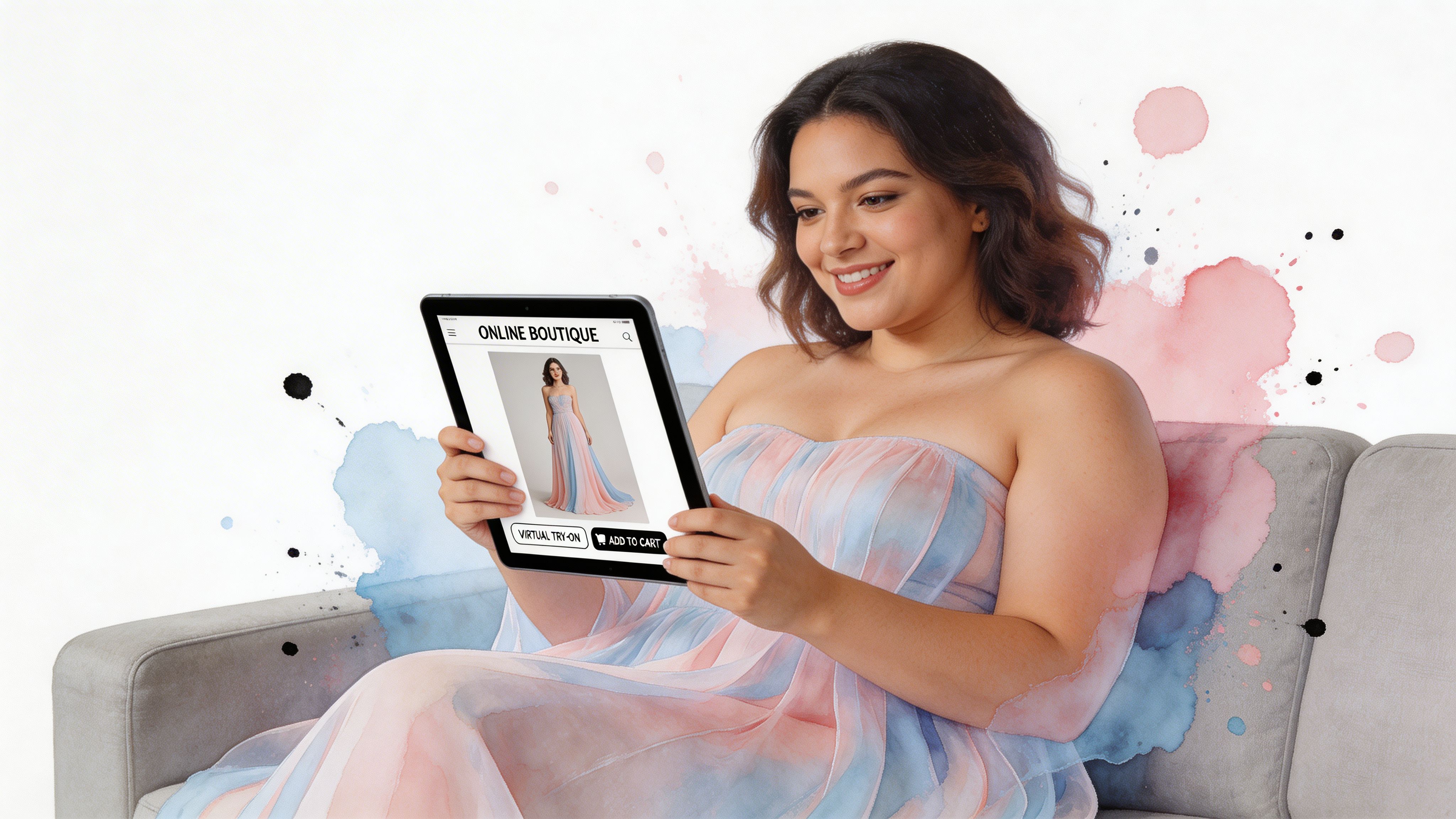 A smiling woman wearing a colorful dress sitting on a couch while using a tablet for shopping