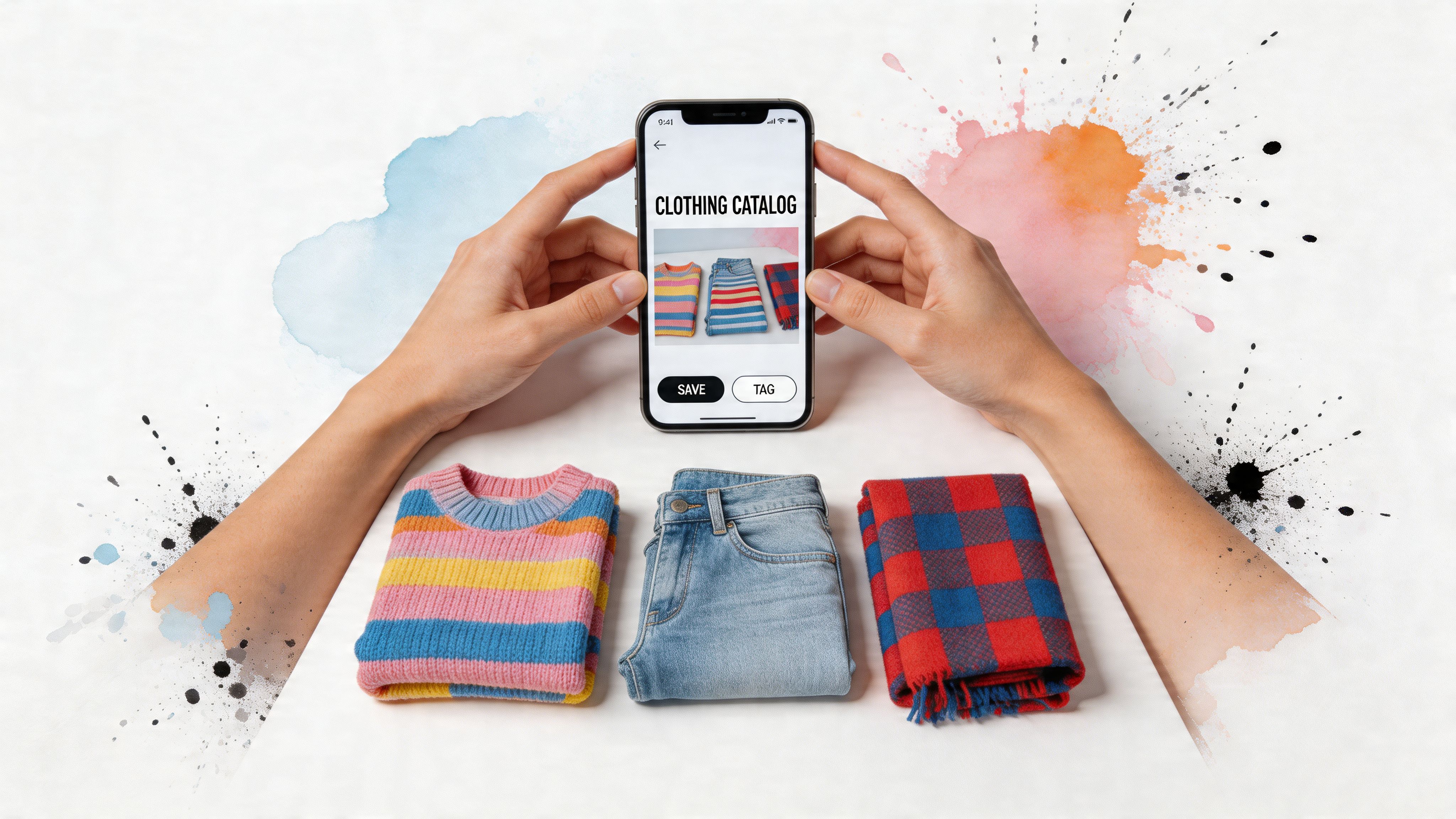 A person holding a smartphone showing a clothing catalog app over organized items of clothing.