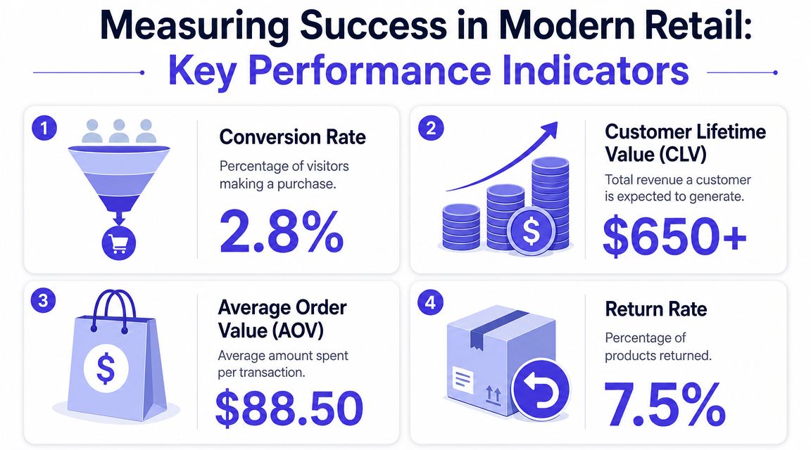 An infographic showing four key retail performance indicators including conversion rate, customer lifetime value, average order value, and return rate.