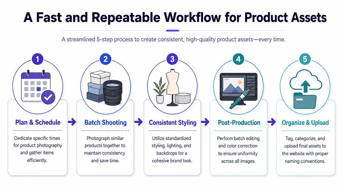 A five-step infographic illustrating a fast and repeatable workflow for managing product assets efficiently.