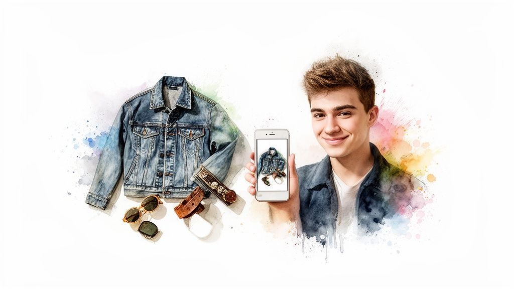 Smiling man with smartphone displays a fashion app featuring a vintage denim jacket and accessories.