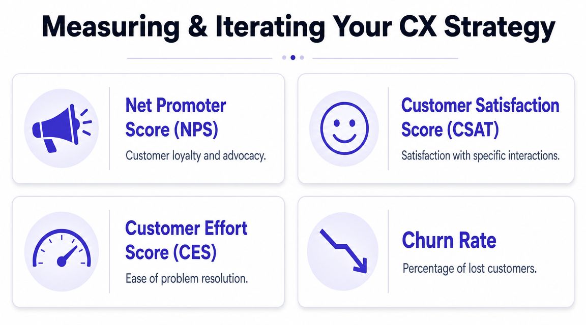 A visual guide outlining four key metrics for measuring and iterating a customer experience strategy.