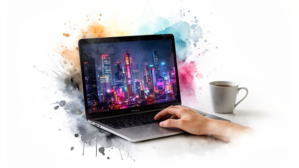 A laptop with a vibrant city skyline wallpaper, a hand, and a coffee mug amidst watercolor art.