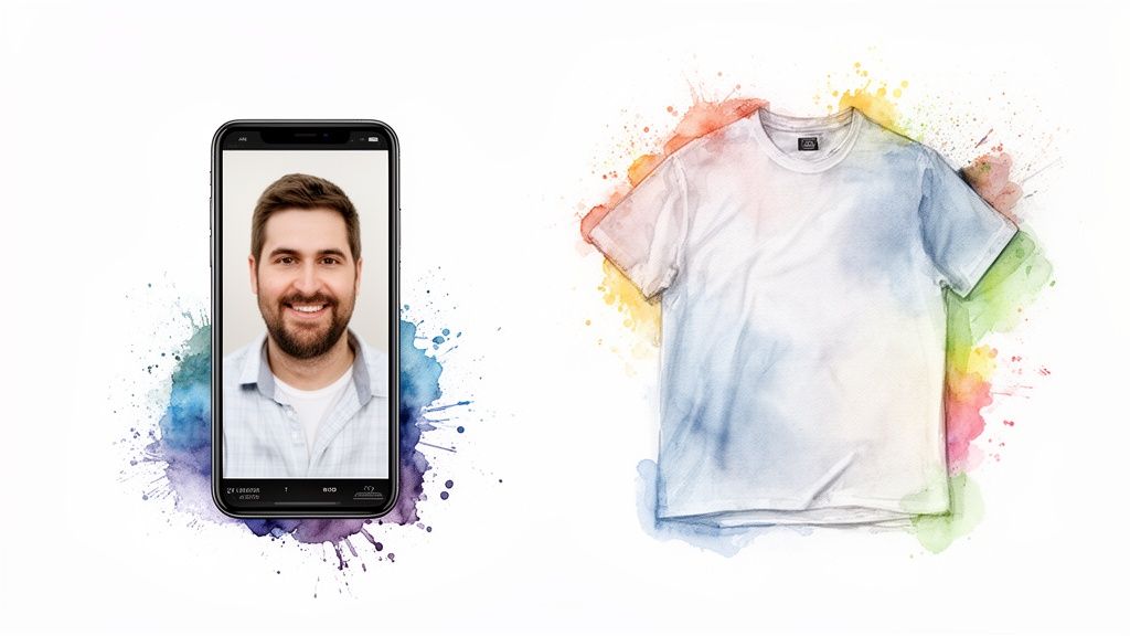 A smartphone displaying a smiling man's face next to a white t-shirt, both surrounded by vibrant watercolor splashes.