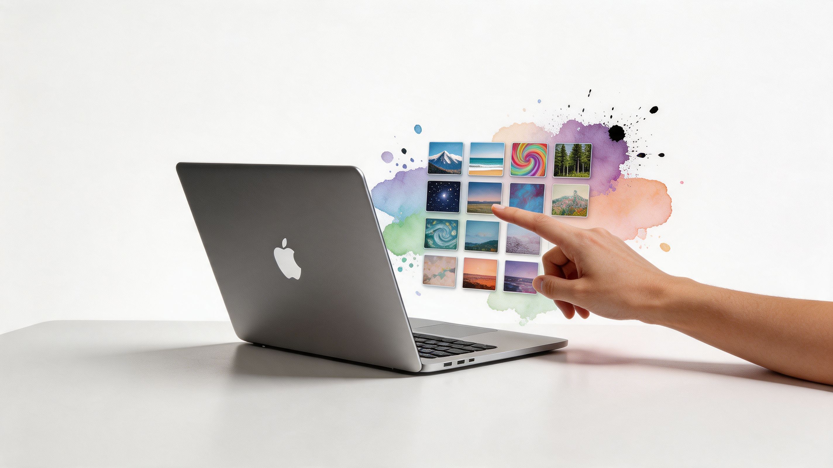 A hand selecting a digital image from a floating grid of wallpapers above an open Apple laptop.