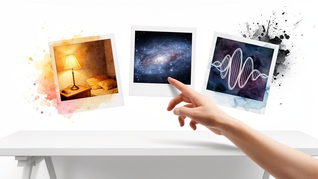 A hand points at three polaroid-style images showing a bedroom, a galaxy, and sound waves.