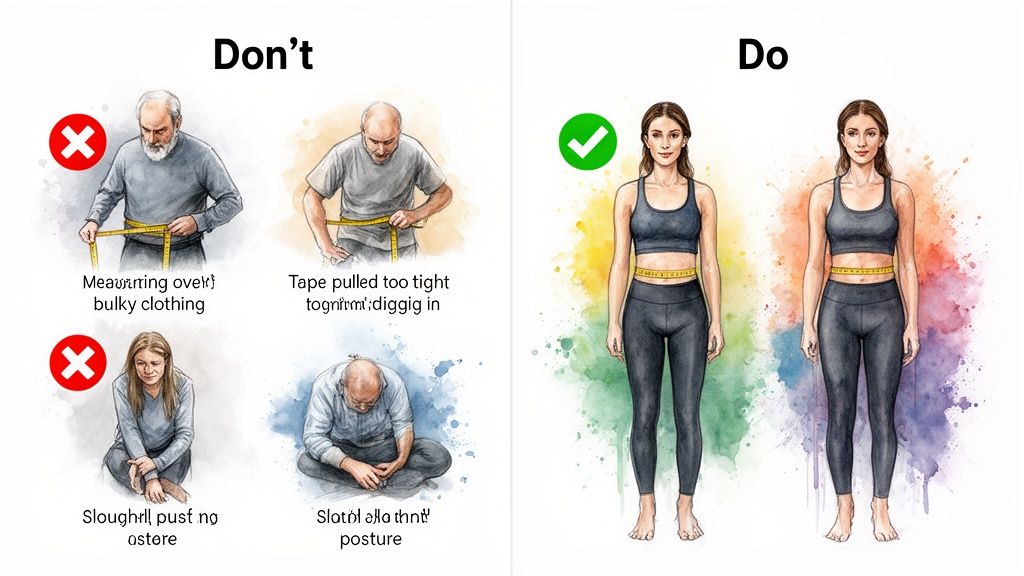 Infographic illustrating correct versus incorrect postures and techniques for taking body measurements.