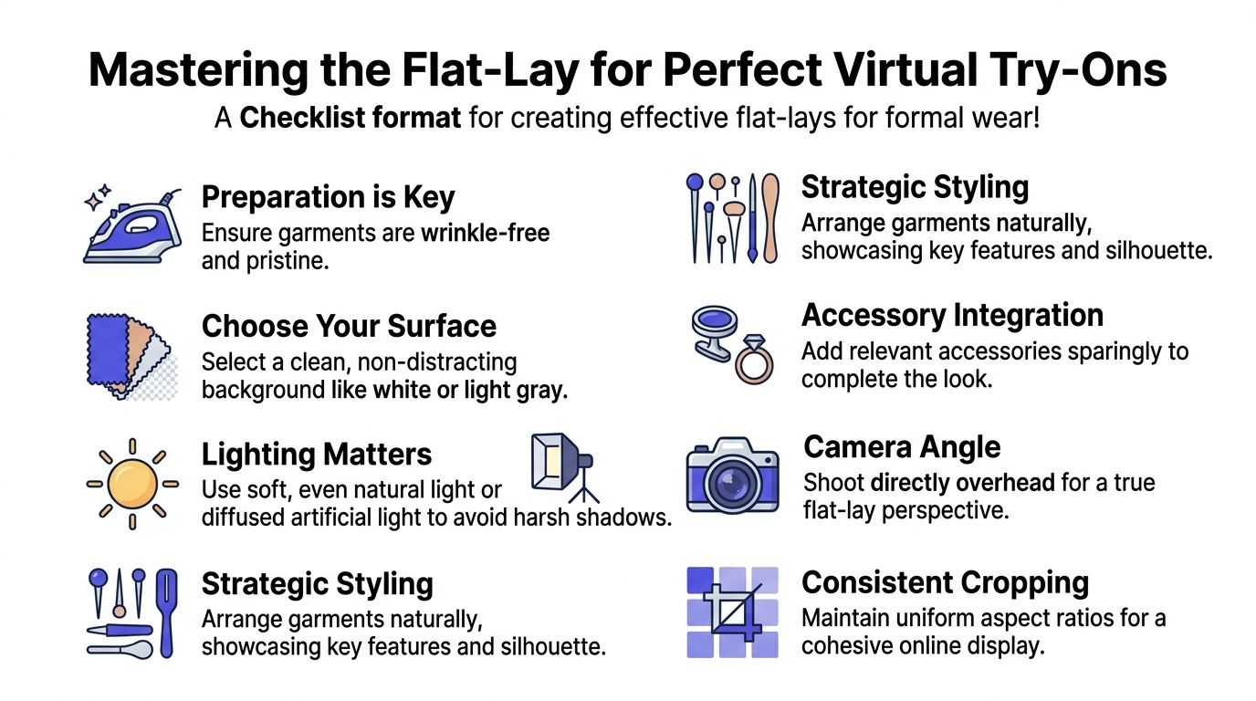 A checklist infographic titled Mastering the Flat-Lay for Perfect Virtual Try-Ons offering tips for formal wear.