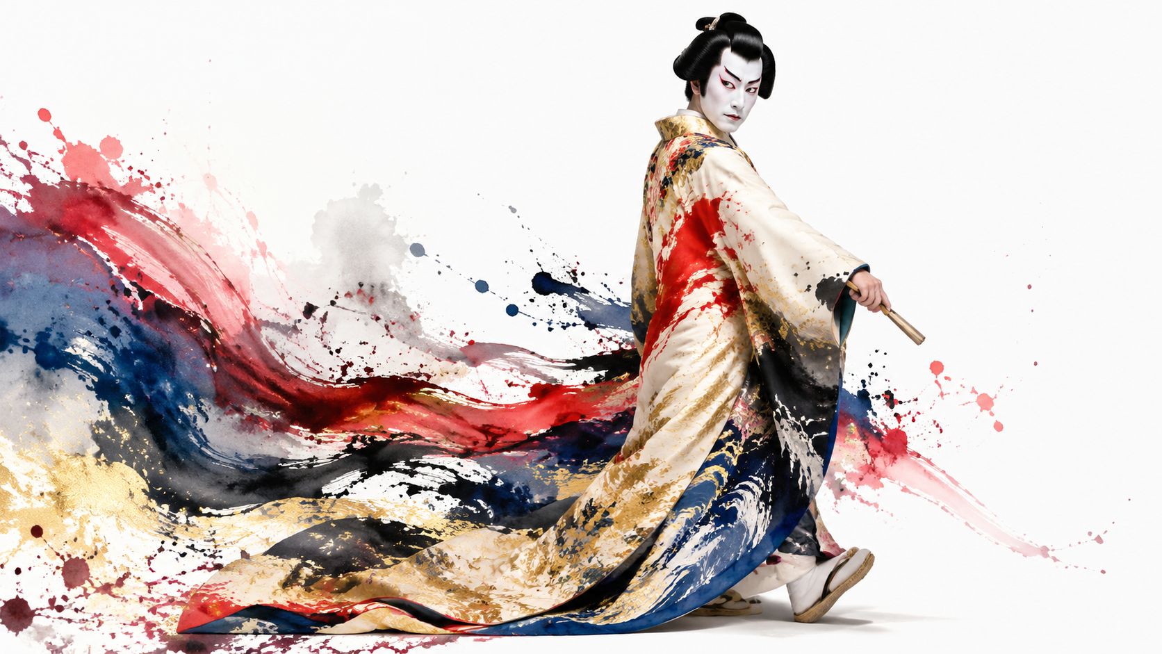 A performer in traditional Japanese kabuki makeup and a vibrant, ink-wash style kimono with flowing paint designs.
