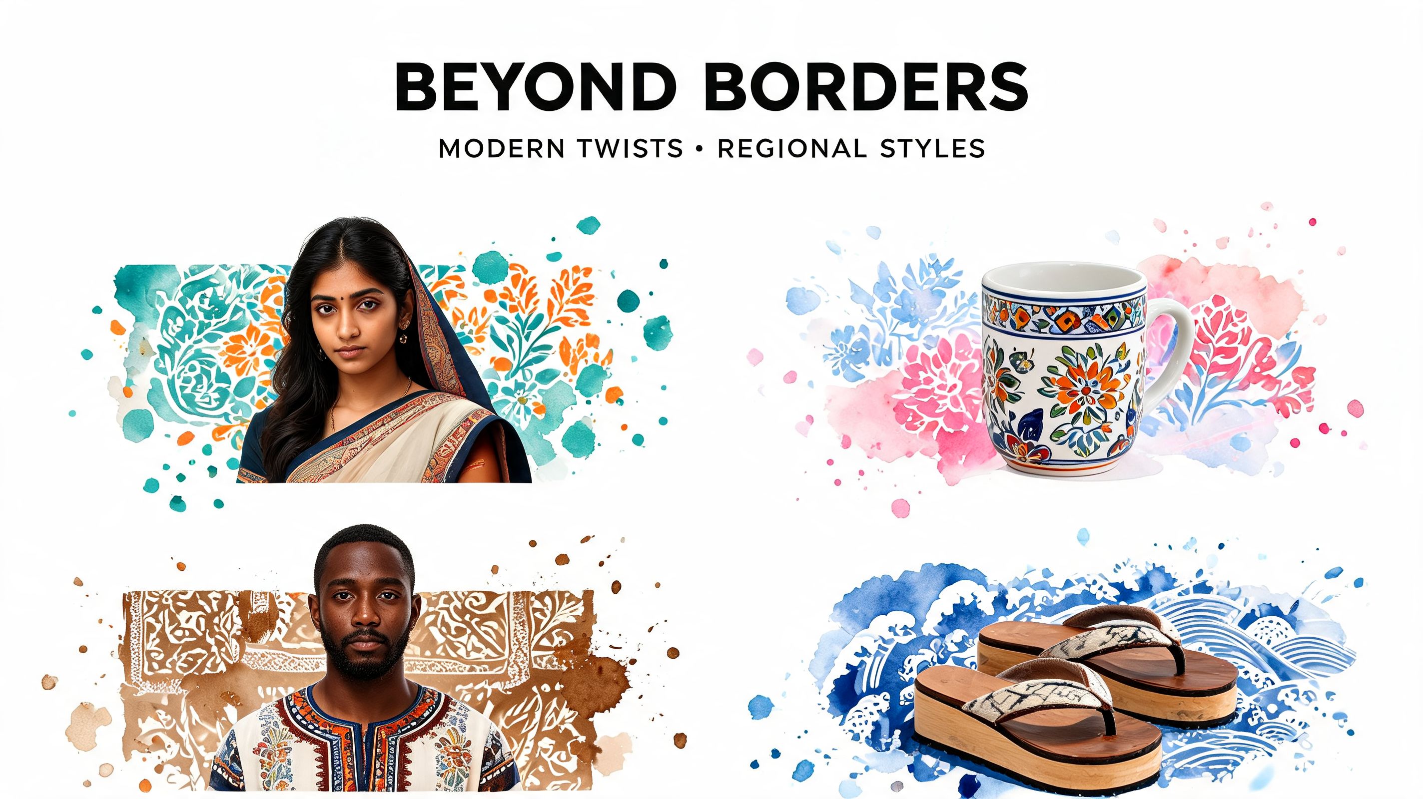 A collage showcasing portraits of a woman and man alongside traditional mug and footwear designs on white.