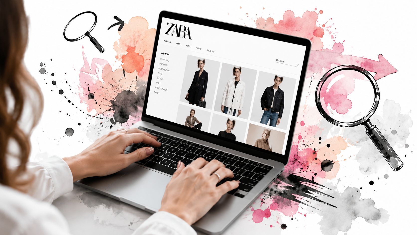 A person using a laptop to browse the Zara online store website with artistic watercolor illustrations surrounding.