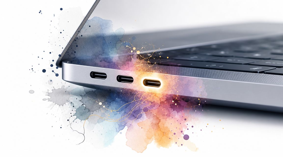 A close-up view of a silver laptop side showing three USB-C ports with colorful watercolor art effects.