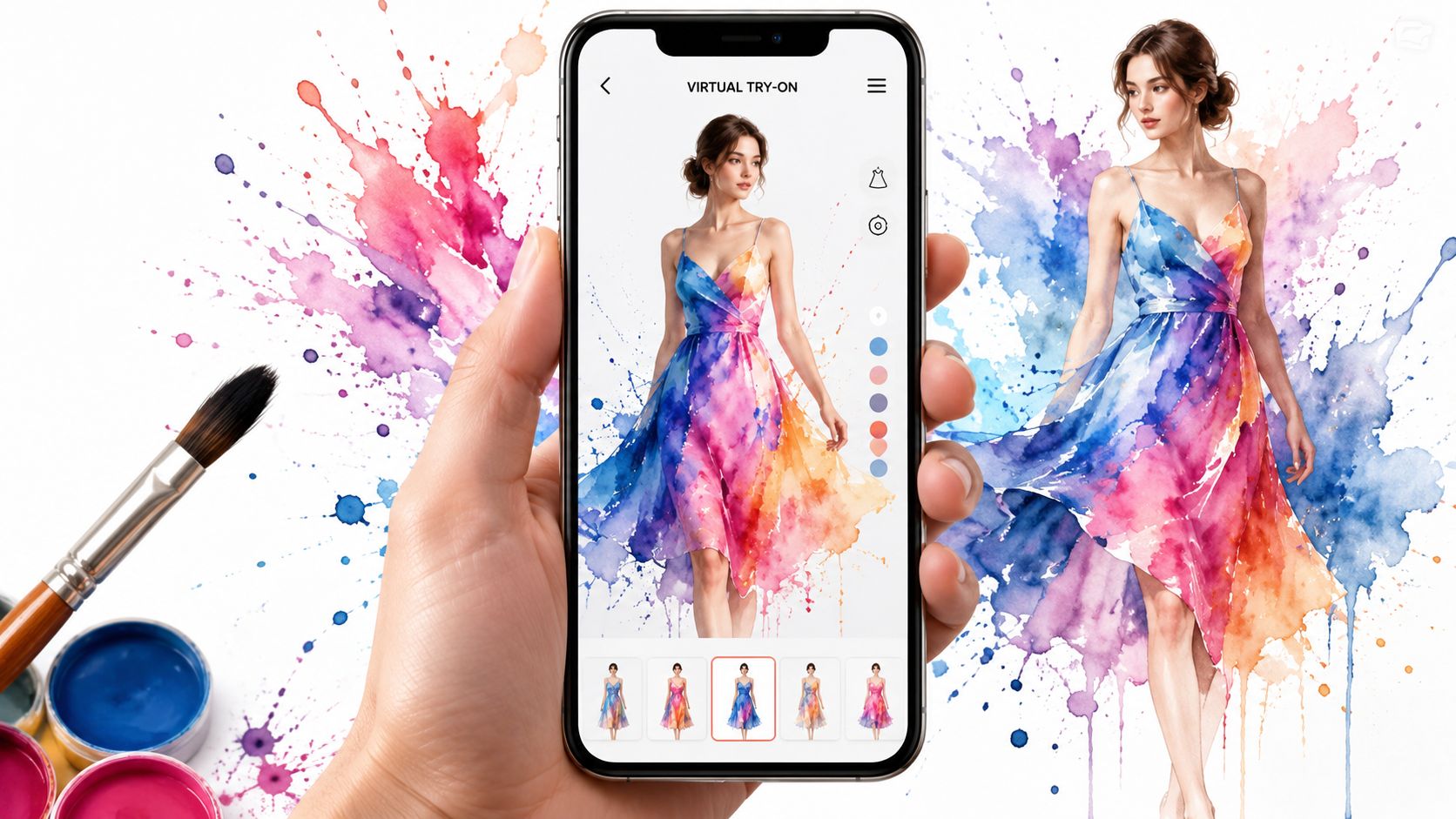 A hand holds a smartphone displaying a virtual clothing model wearing a colorful watercolor-style dress design.