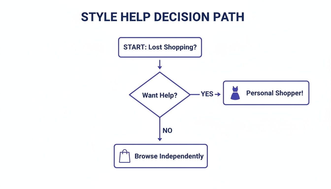 Flowchart illustrating a style help decision path, offering a personal shopper or independent browsing.