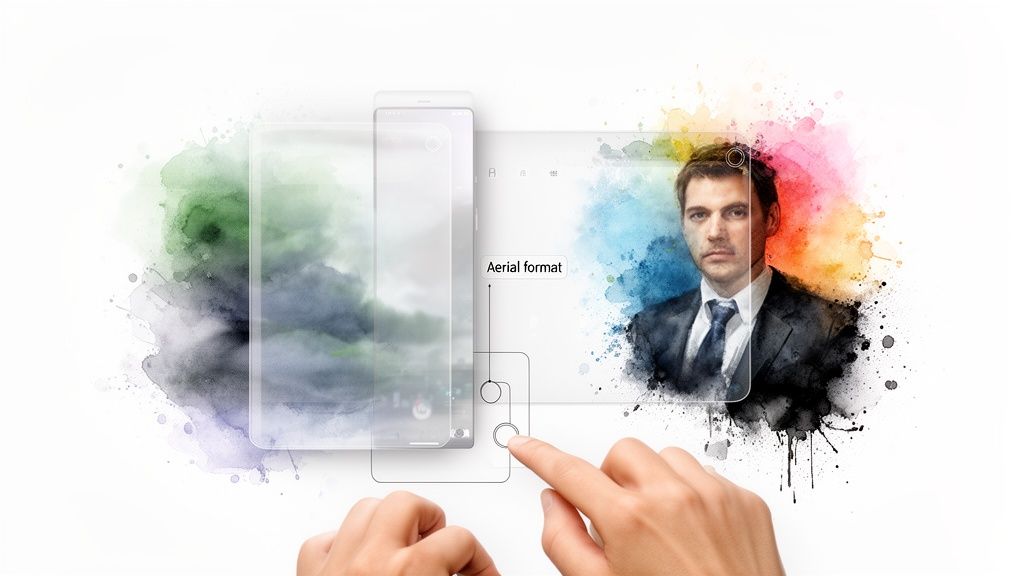 Hands interact with translucent screens displaying a landscape and a man's portrait, surrounded by vibrant watercolors.