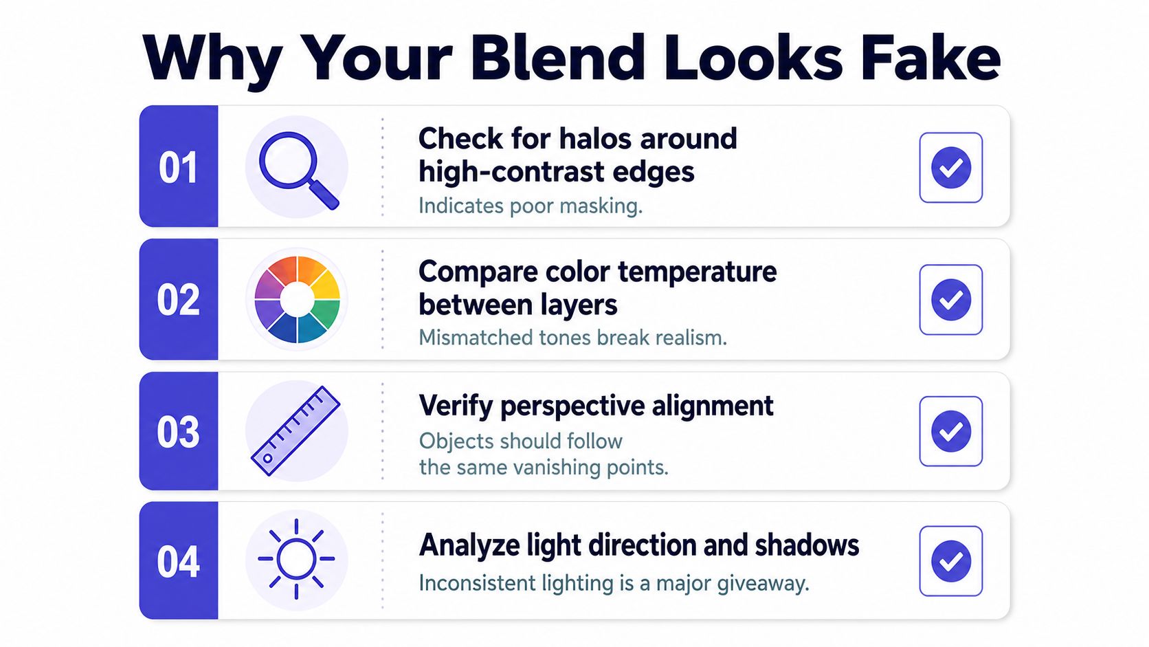 An infographic titled Why Your Blend Looks Fake listing four essential tips for realistic photo compositing.