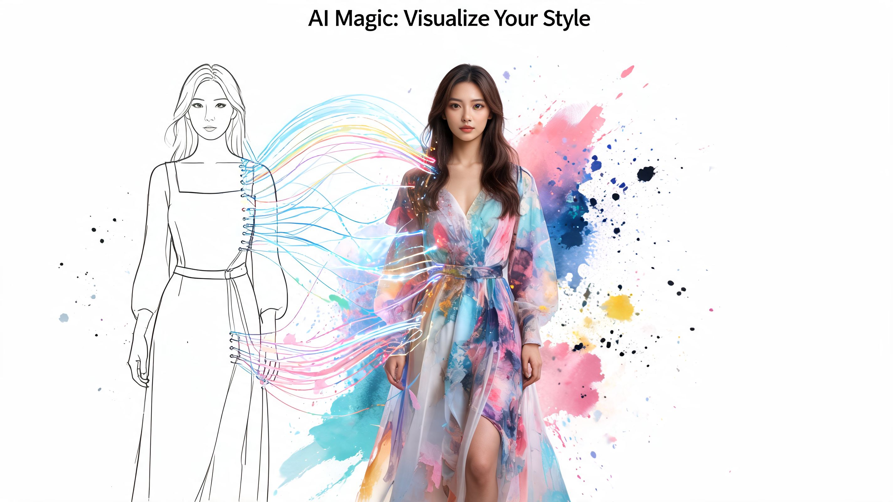 A conceptual illustration showing a digital sketch of a dress transitioning into a vibrant realistic woman's outfit.