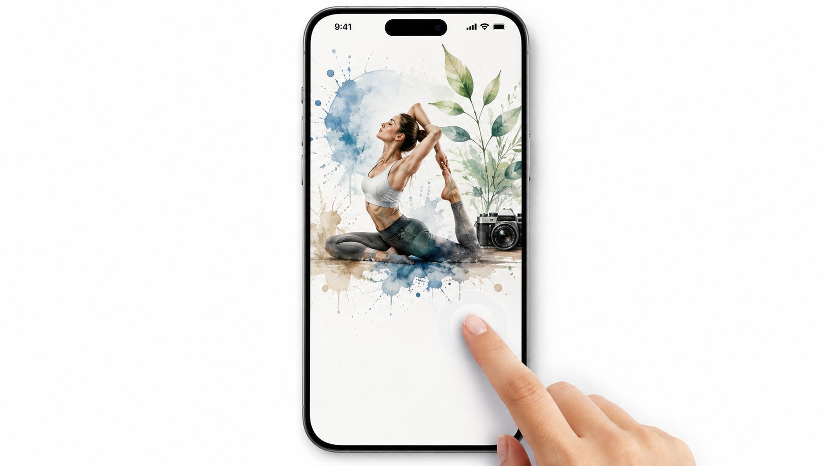 A hand touching a smartphone screen displaying a woman doing yoga with artistic watercolor style illustrations.