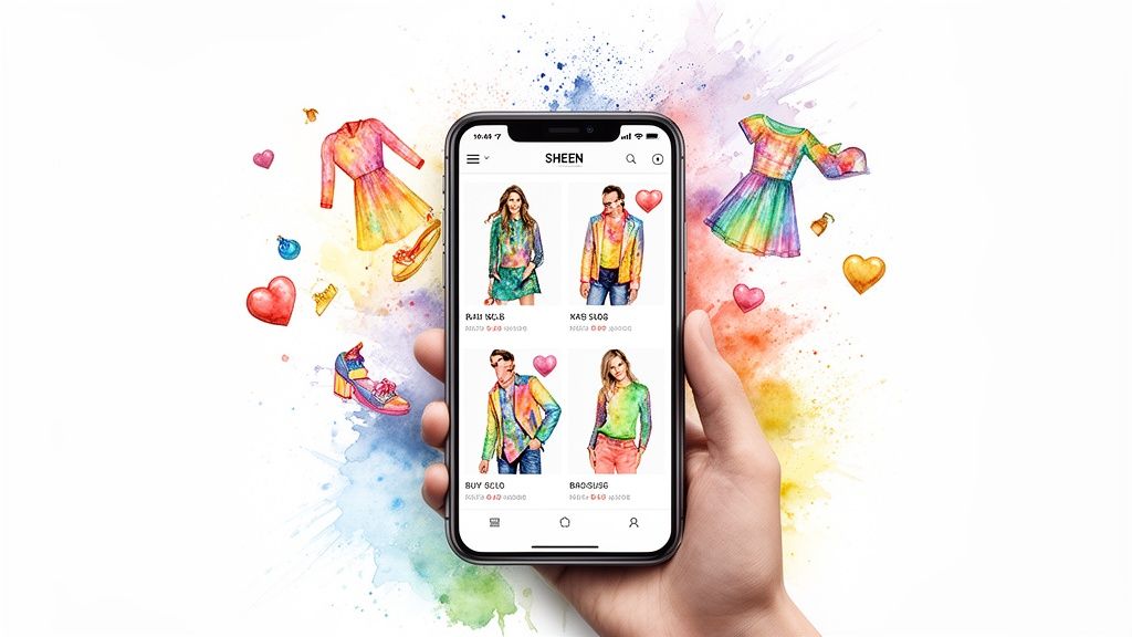 A hand holds a smartphone displaying the SHEEN app with colorful clothing and accessories.