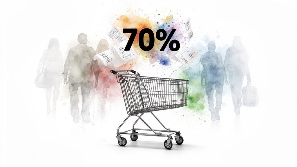 Digital illustration of a shopping cart, a "70%" discount, flying receipts, and blurred shoppers.