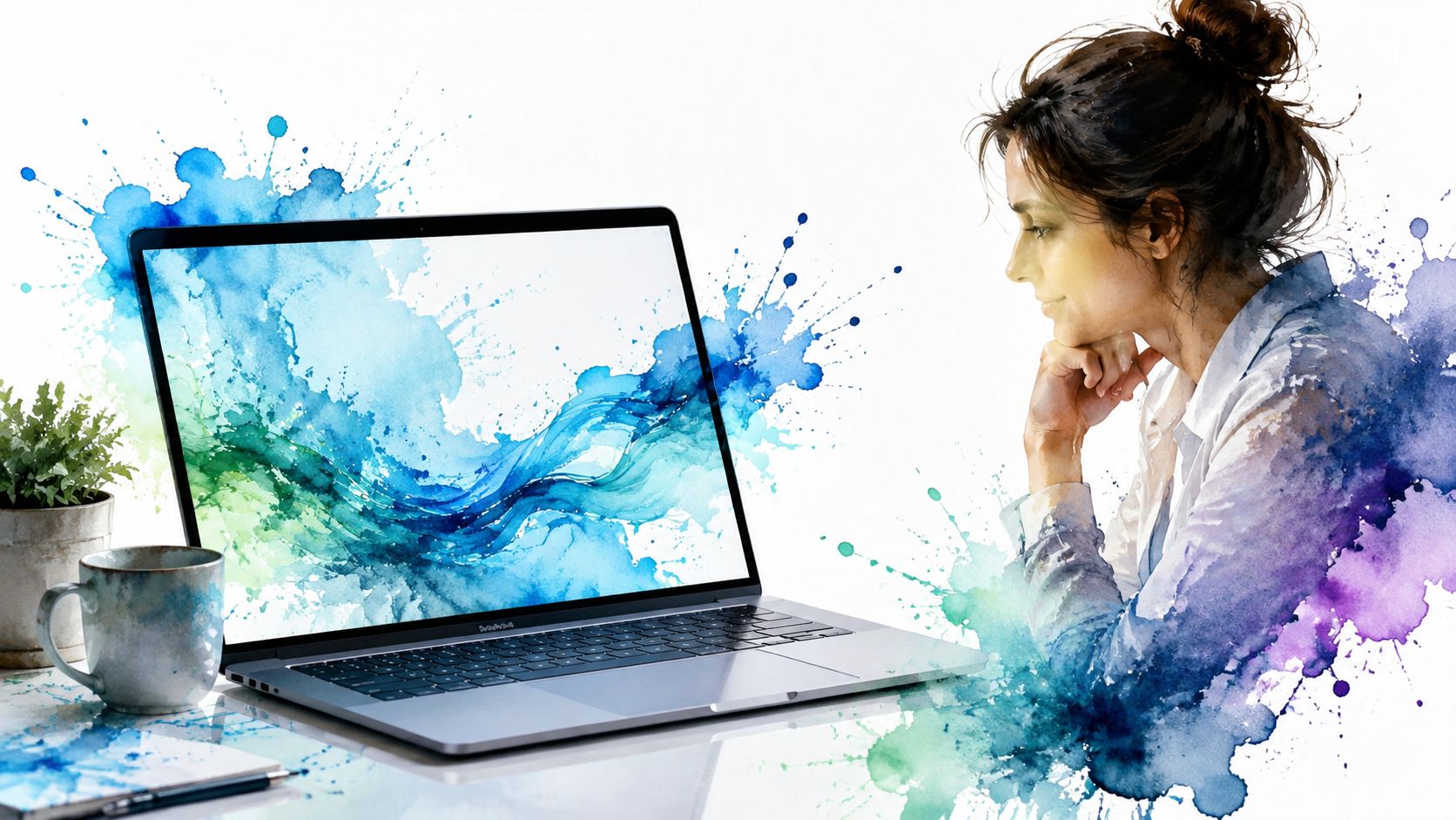 A woman looks at a laptop screen displaying colorful watercolor paint splashes with blue and green tones.