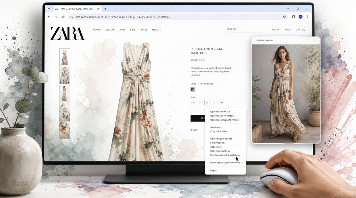 A computer screen showing a Zara dress product page with a context menu open for image search.