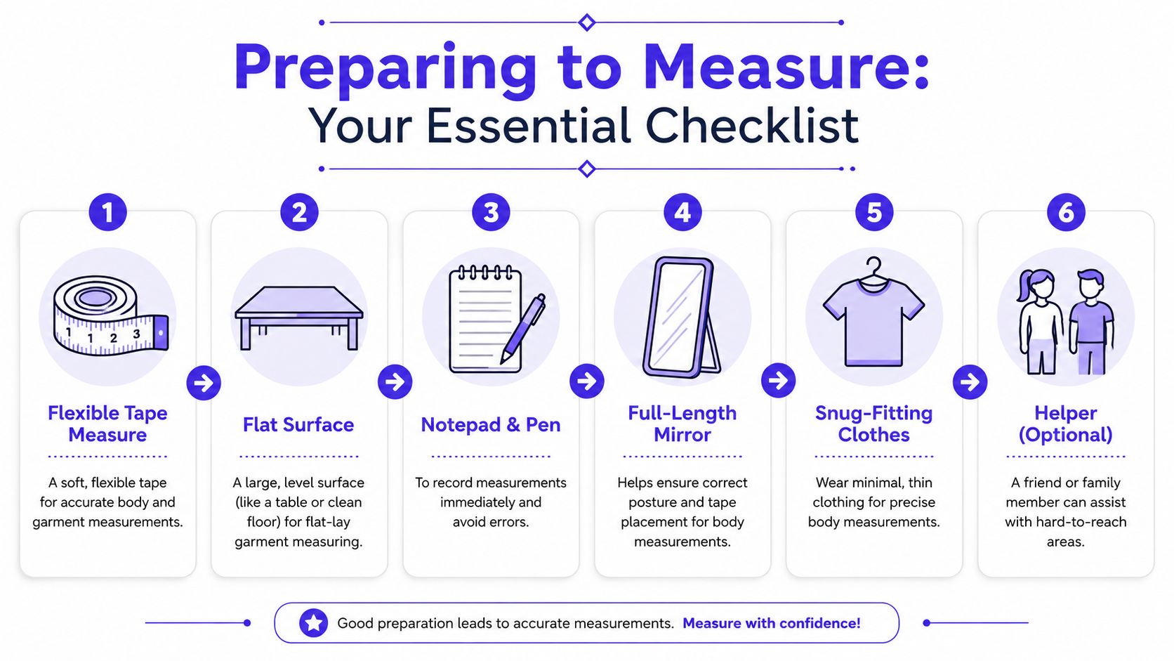 An infographic checklist outlining essential items needed for taking accurate clothing and body measurements at home.