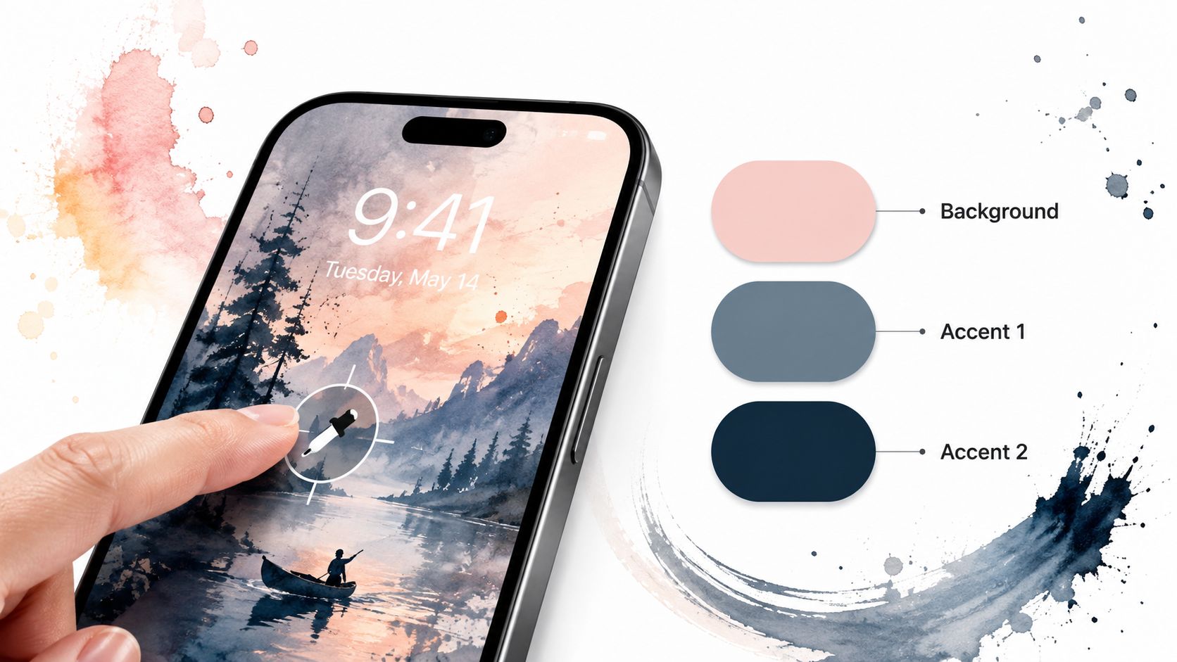 A hand touching a phone screen to pick colors from an aesthetic landscape wallpaper design.