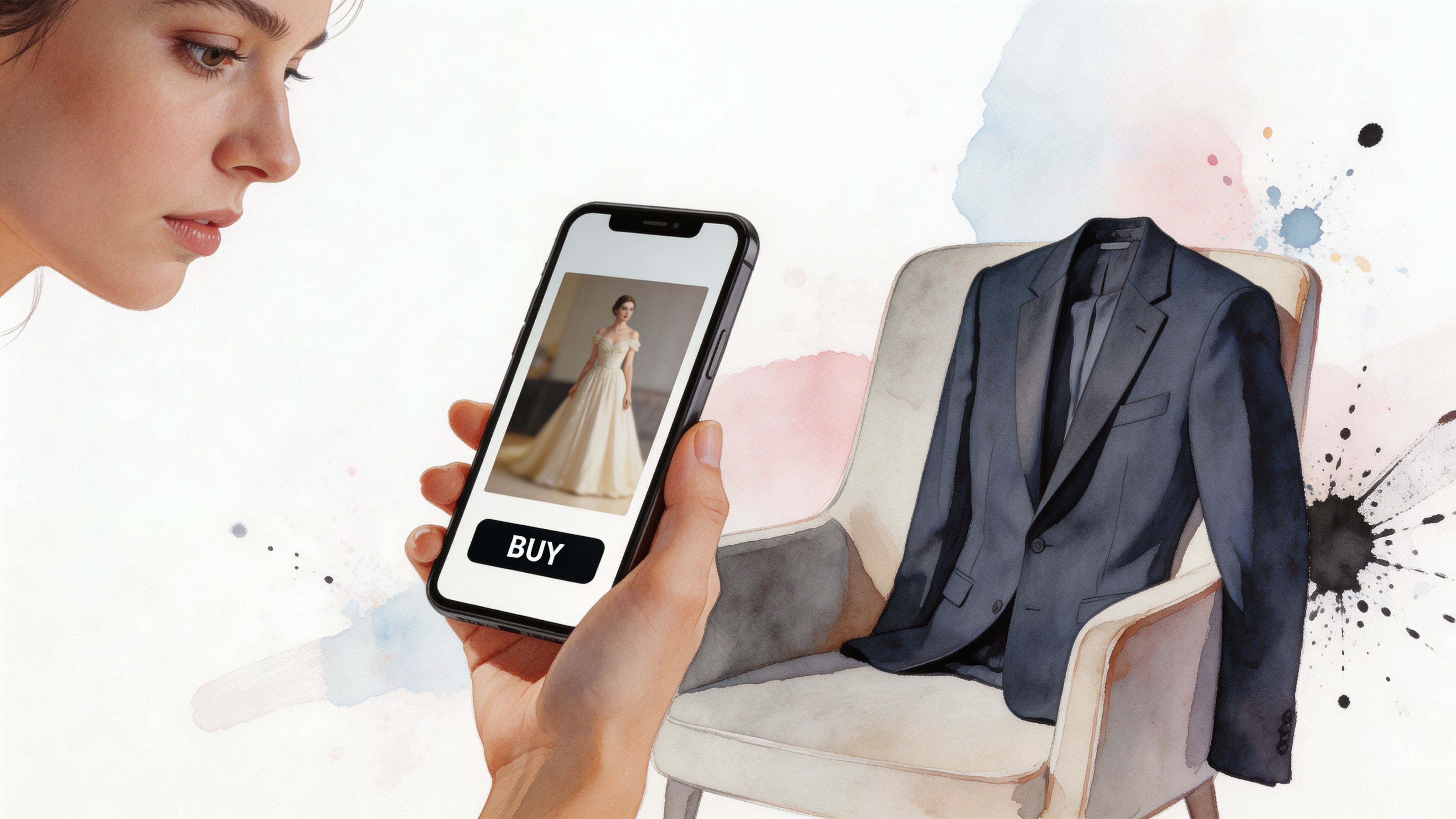 A young woman looks at her phone displaying a wedding dress while a formal suit hangs nearby.