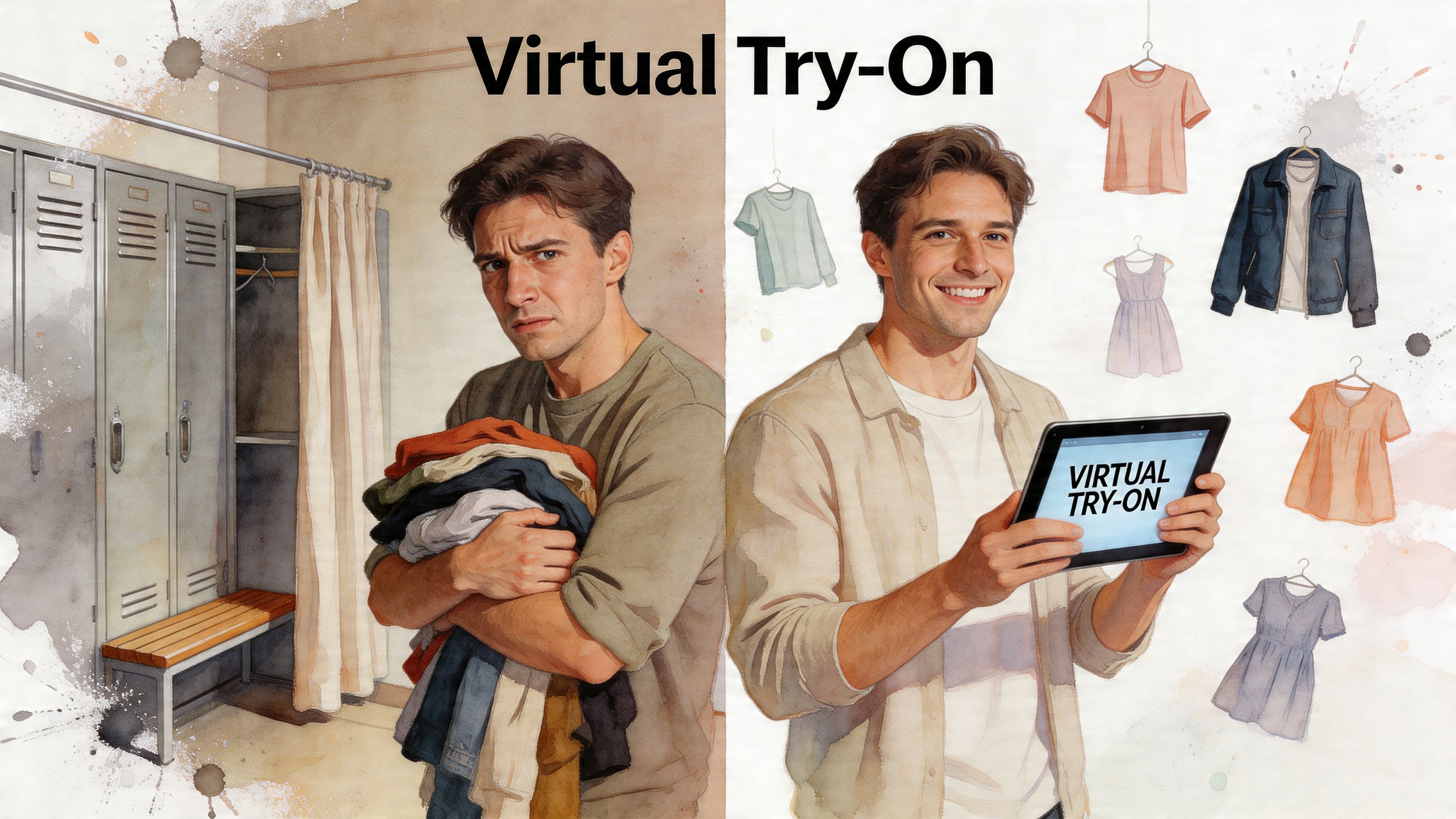 A digital illustration comparing a frustrated man in a locker room with a happy man using virtual try-on software.