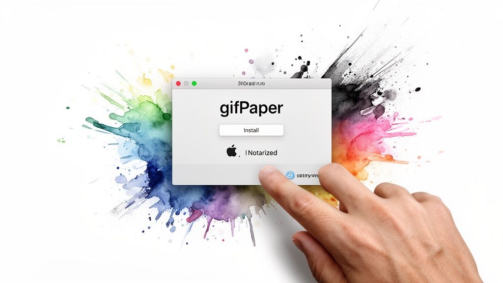 A hand interacting with a 'gifPaper' Mac app installation window against a vibrant watercolor splash.