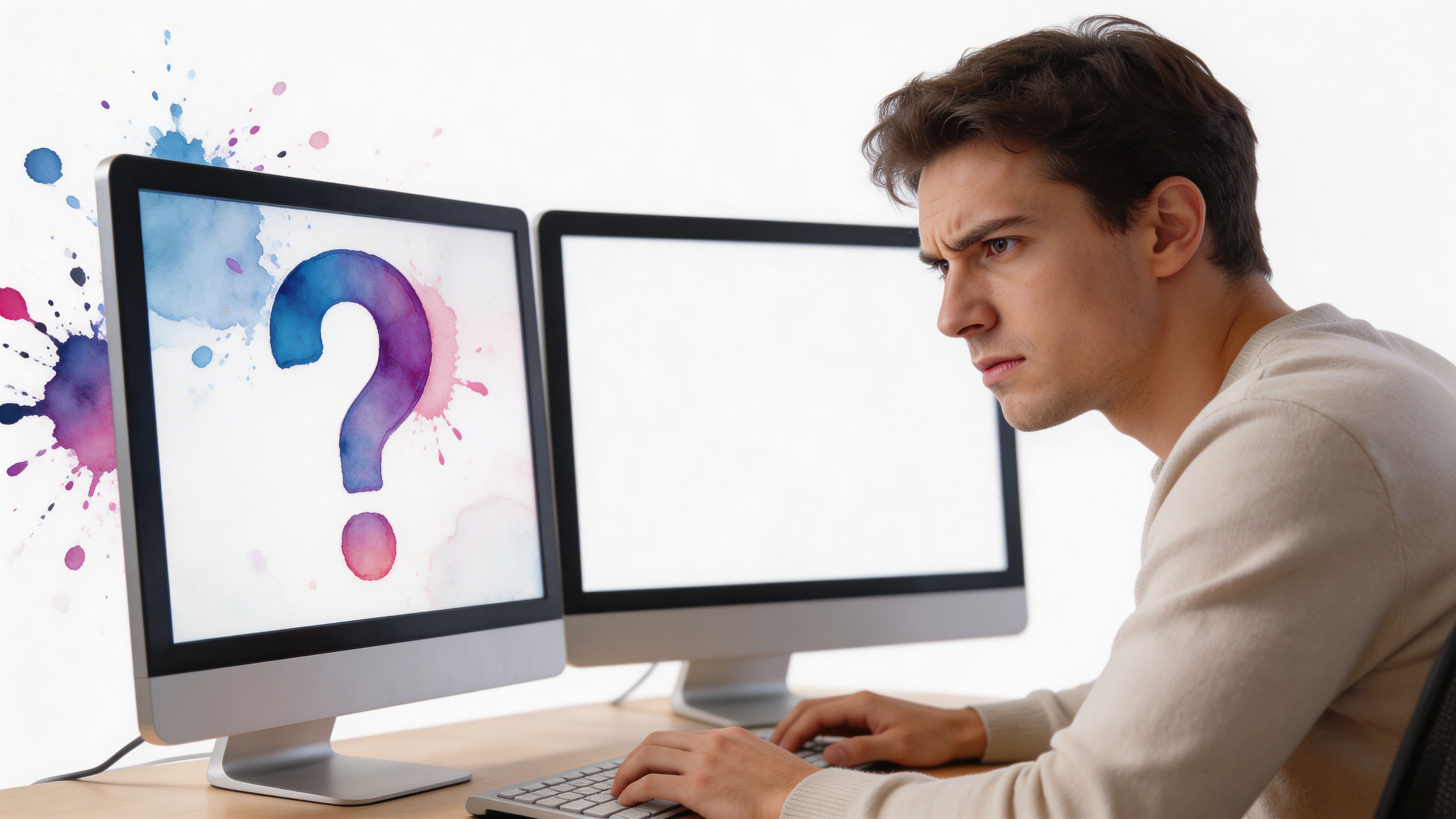 A confused young man looking at a question mark displayed on his computer screen while working.