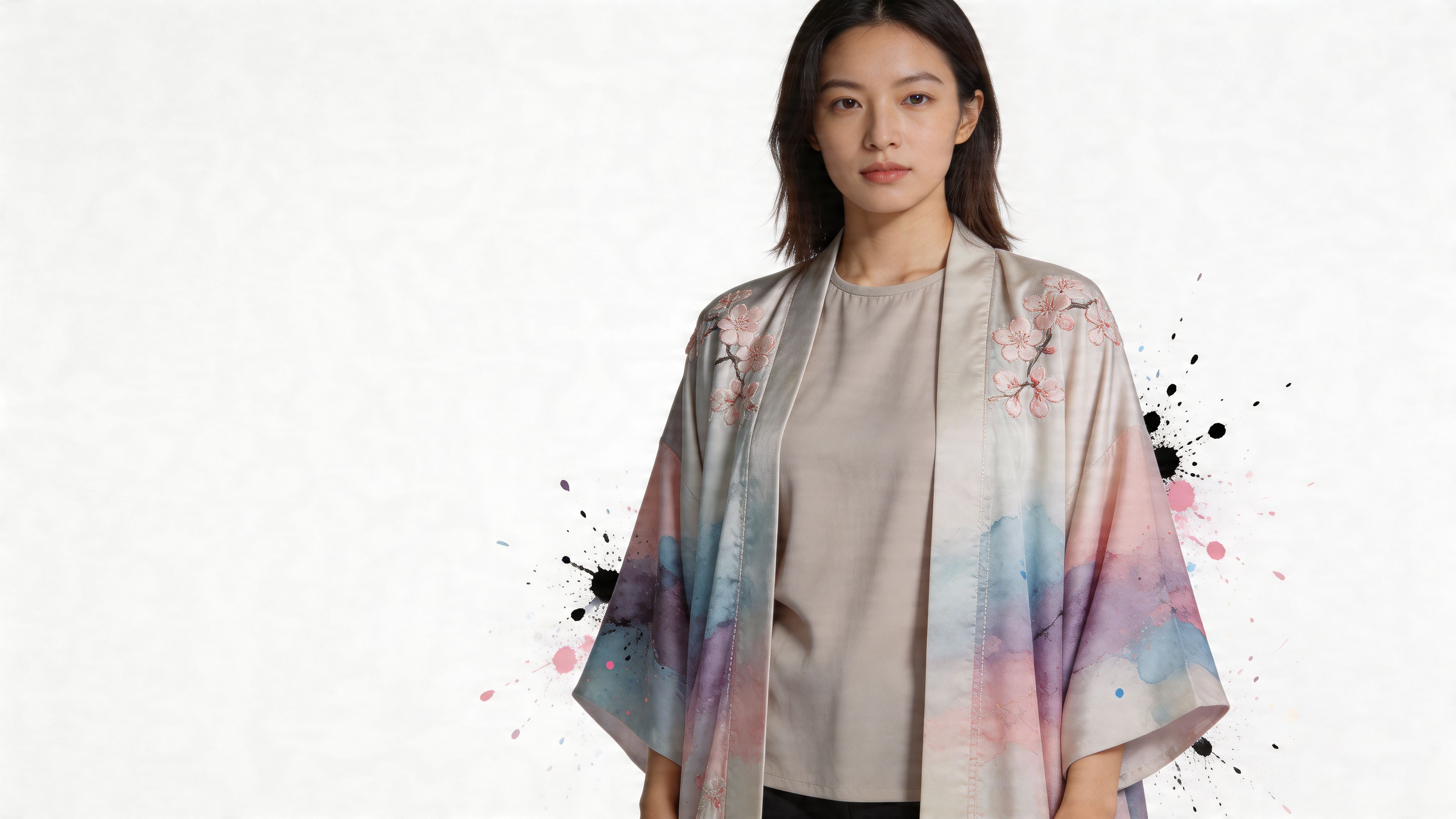 A young woman wearing a modern, watercolor-style kimono jacket with floral cherry blossom embroidery over a neutral shirt.