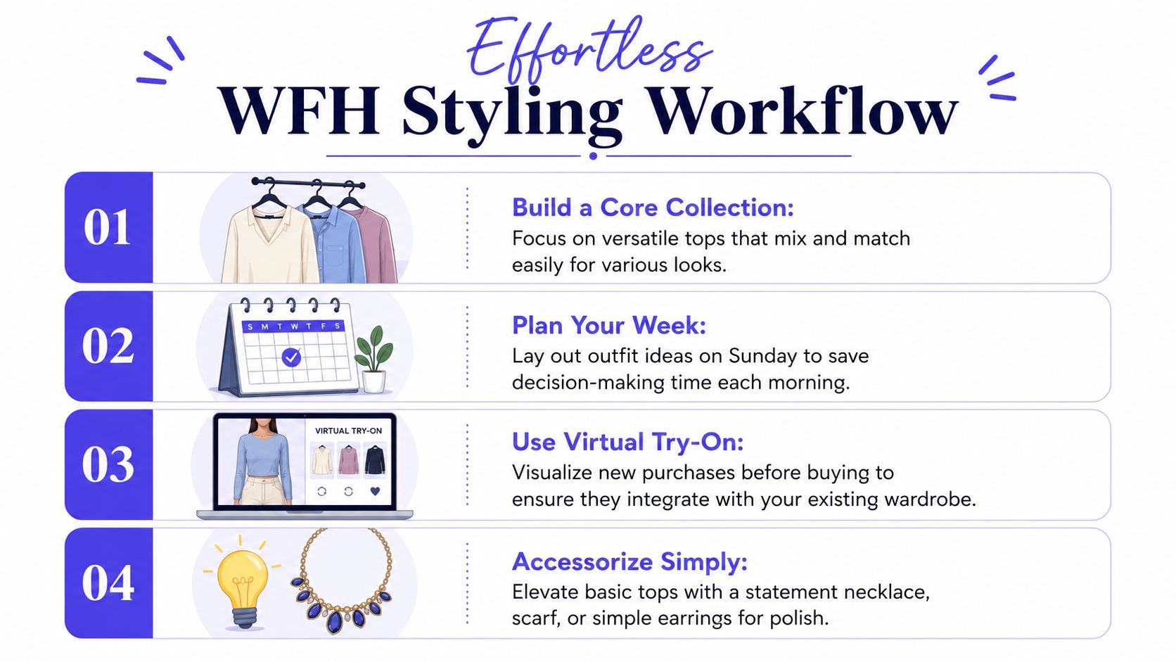 An infographic titled Effortless WFH Styling Workflow with four steps to improve work from home fashion choices.