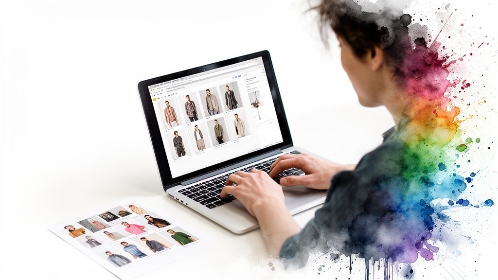 Hands typing on a laptop displaying a fashion collection, with colorful artistic effects.