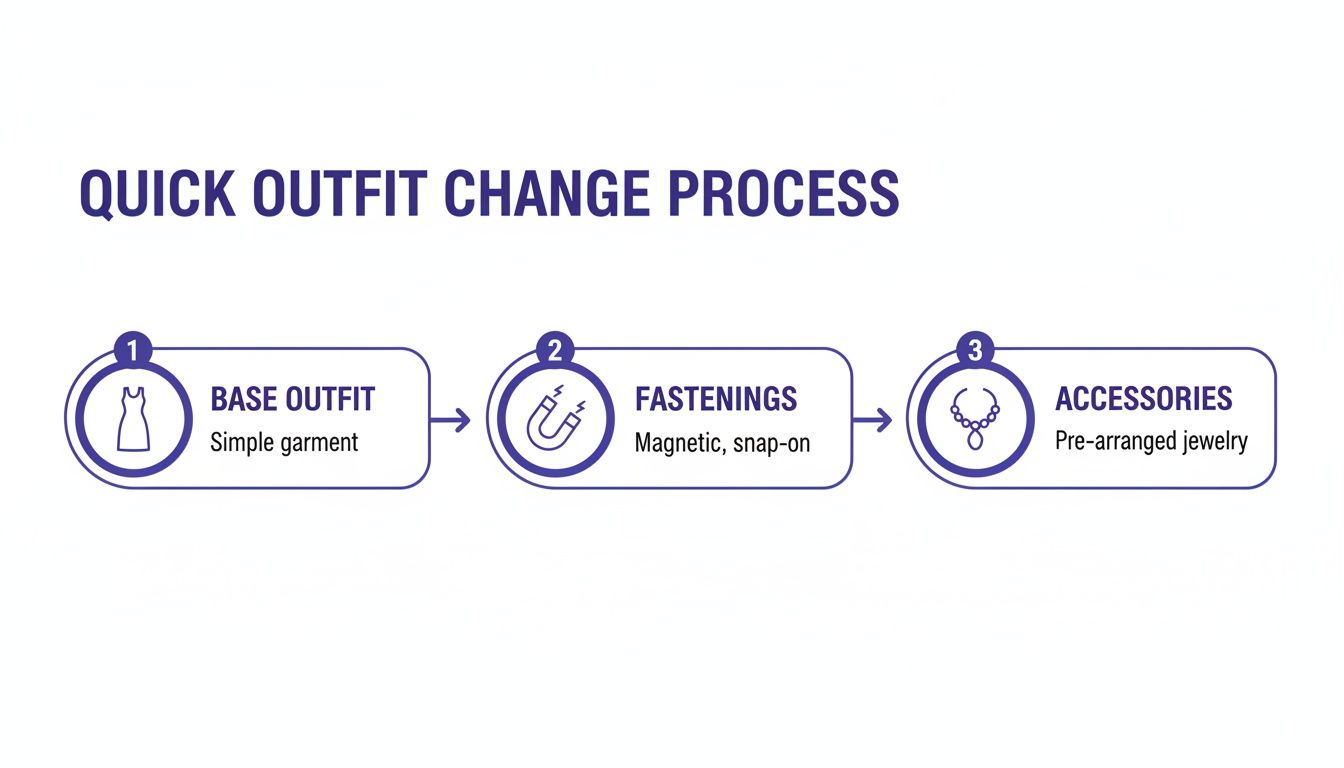 A flowchart showing a quick outfit change process with steps for base garment, fastenings, and accessories.