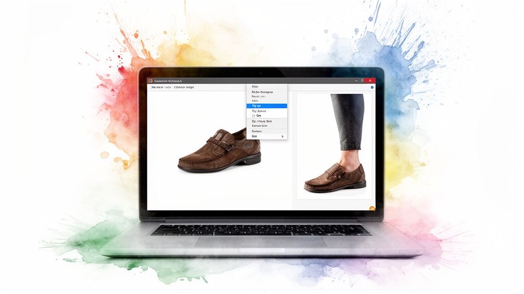 A laptop displays a virtual try-on feature for brown men's shoes, showing a shoe on its own and worn on a foot.