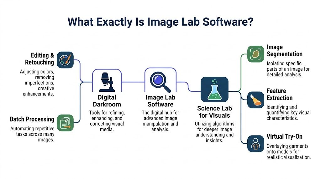 A diagram illustrating the functionality of image lab software, including digital darkroom tools and science lab visualization.