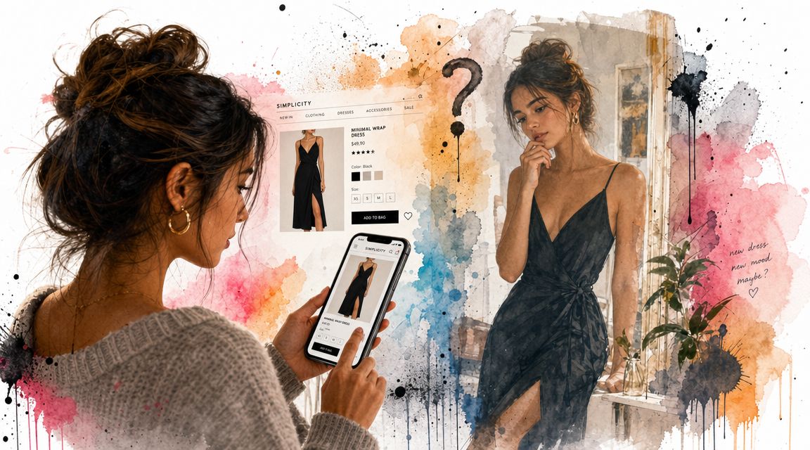 A woman using her smartphone to shop for a black wrap dress on an online fashion store.
