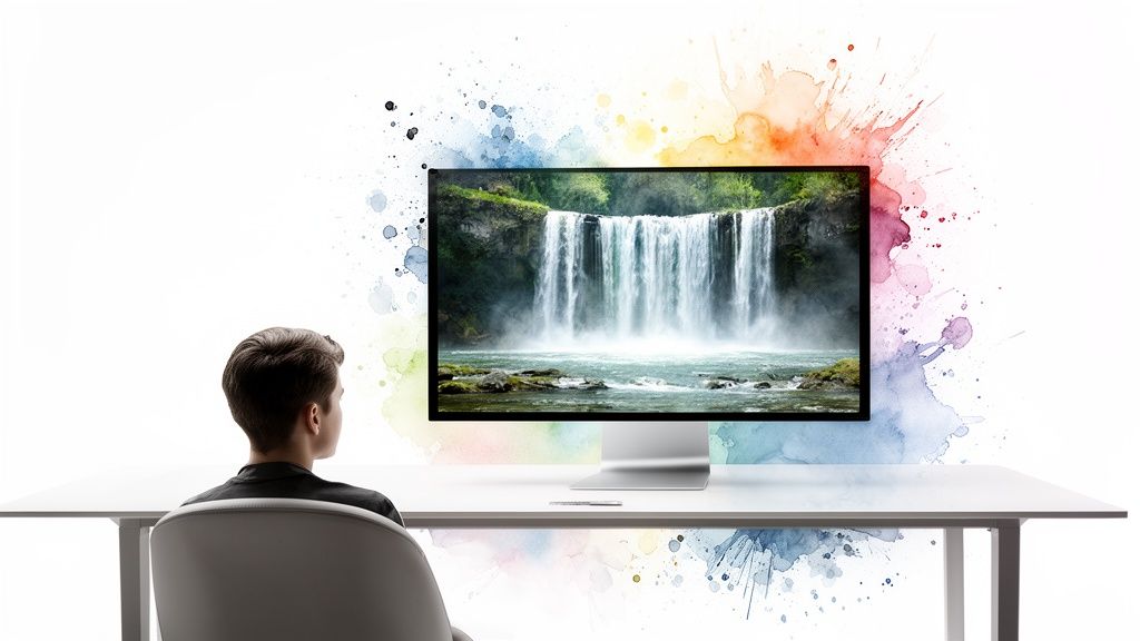 A person sits at a desk, watching a waterfall on a monitor with vibrant watercolor art.