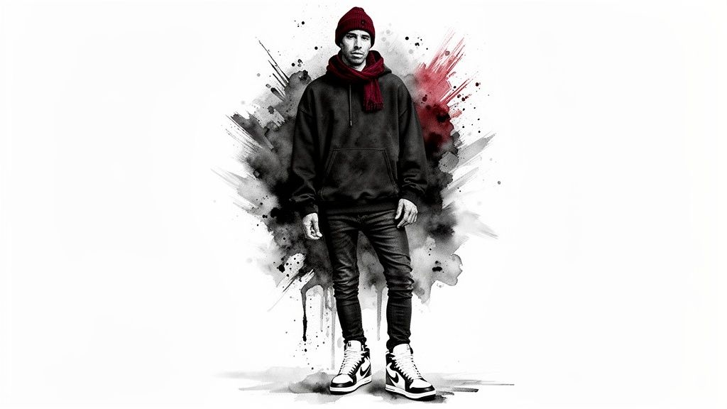 A man in a black hoodie, black jeans, red beanie, red scarf, and high-top sneakers stands against an artistic splatter background.