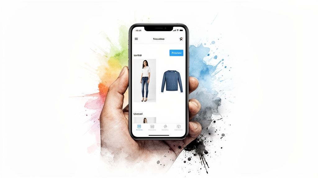 A hand holds a smartphone displaying a fashion app with a woman in jeans and a blue sweater, against a colorful watercolor background.