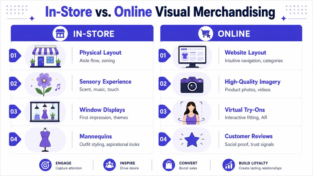 A comparison chart showing key strategies for in-store versus online visual merchandising and retail success.