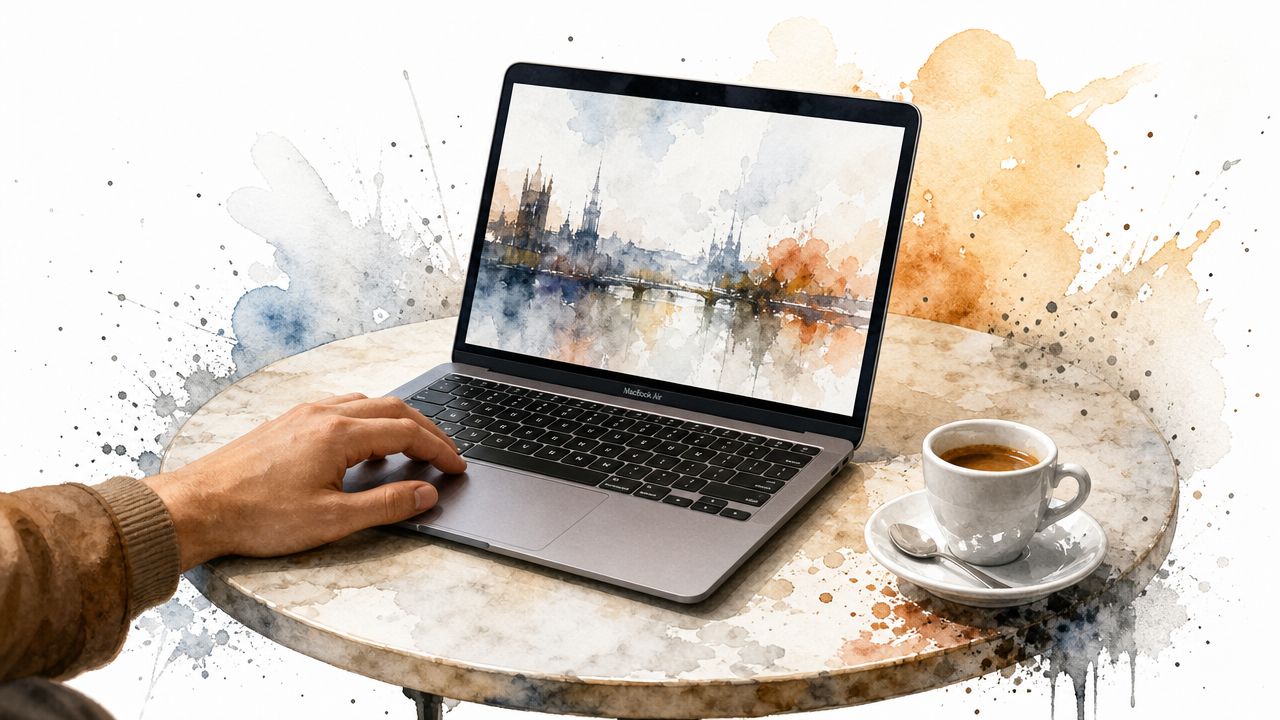 A person using a sleek MacBook Air on a round marble table with coffee in a cafe.
