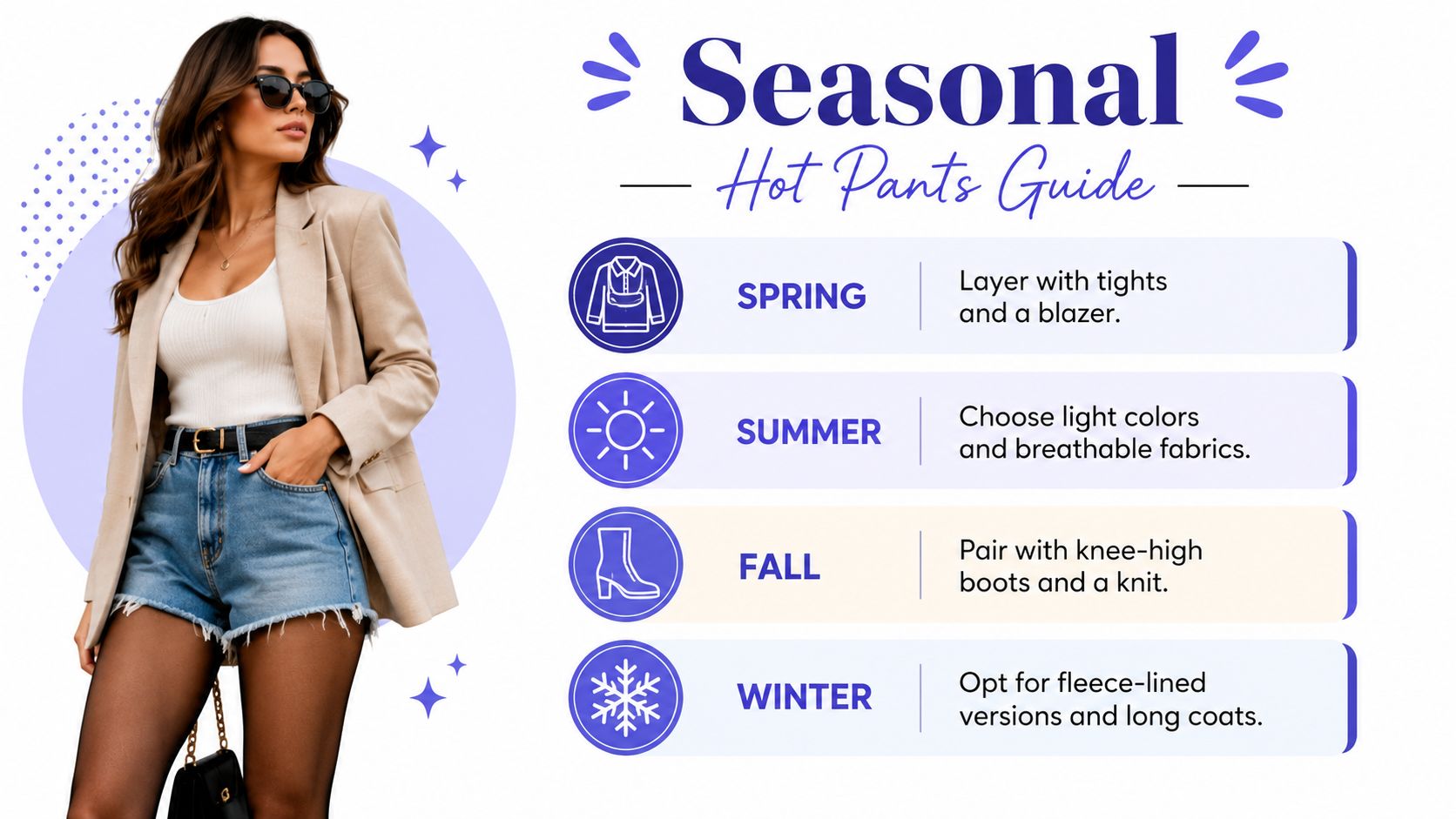 A stylish woman wearing denim hot pants, a white tank top, and a beige blazer with fashion tips.